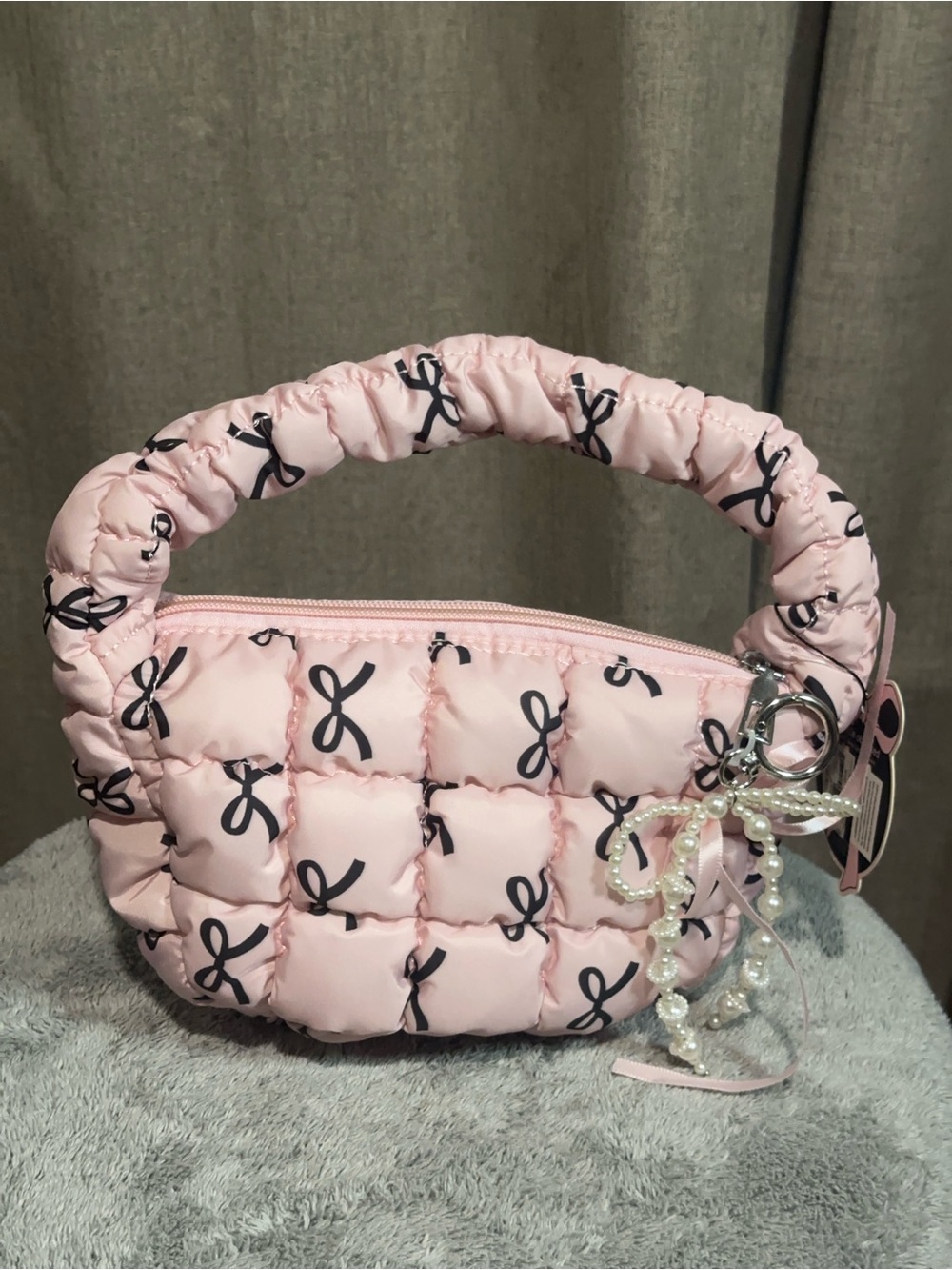 Pink Quilted Bow-Print Puffy Handbag